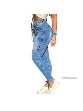 High Waisted Skinny Cargo Jeans Stretch Slim Fit Six Pockets Casual